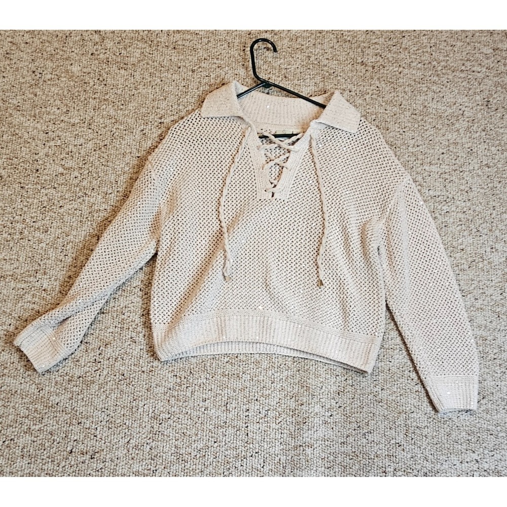 Joie Womens Beige Sequin Open Knit Lace Up Collared Sweater Size Medium M